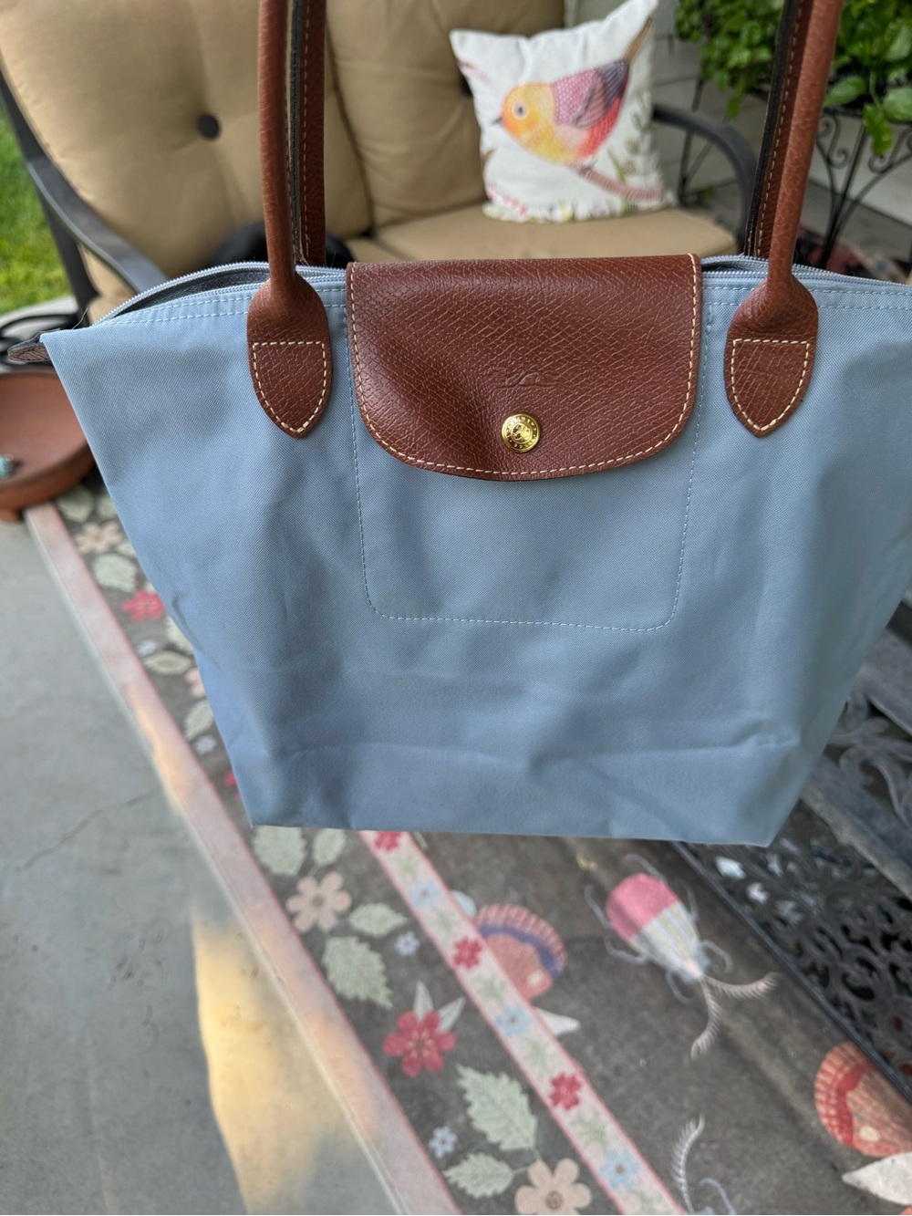 Longchamp Le Pliage Womens Tote Bag Small Light Blue Brown Leather Long Straps - Picture 16 of 16